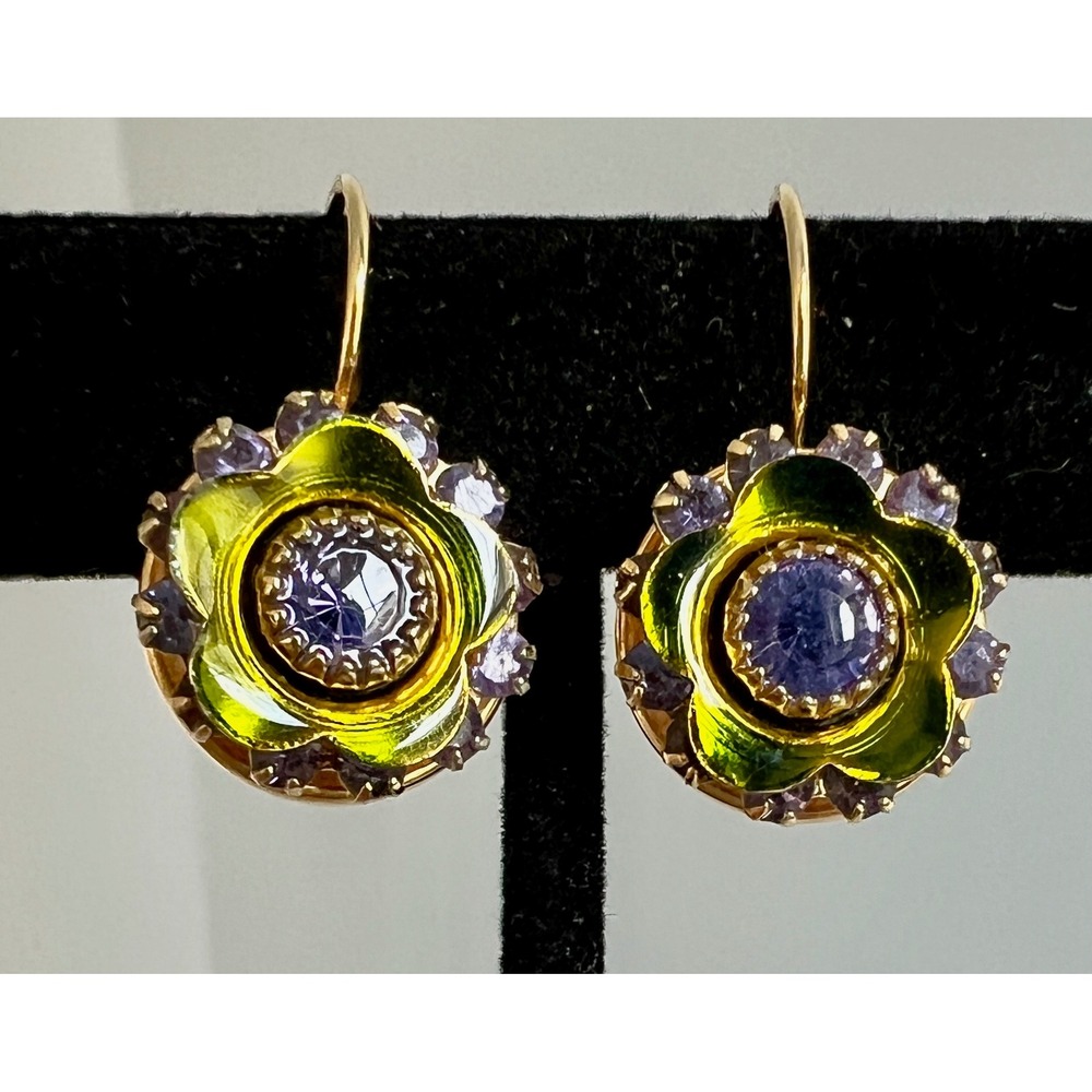 Signed Michal Golan Floral Enamel Crystal Leverback Earrings Green & Lavender